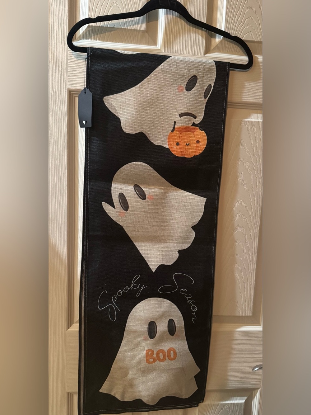 NWT Black & White Ghost Trick-or-Treat Table Runner with Orange Pumpkin, 13x72